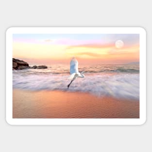 Egret Flies Toward an Ocean Sky Sticker